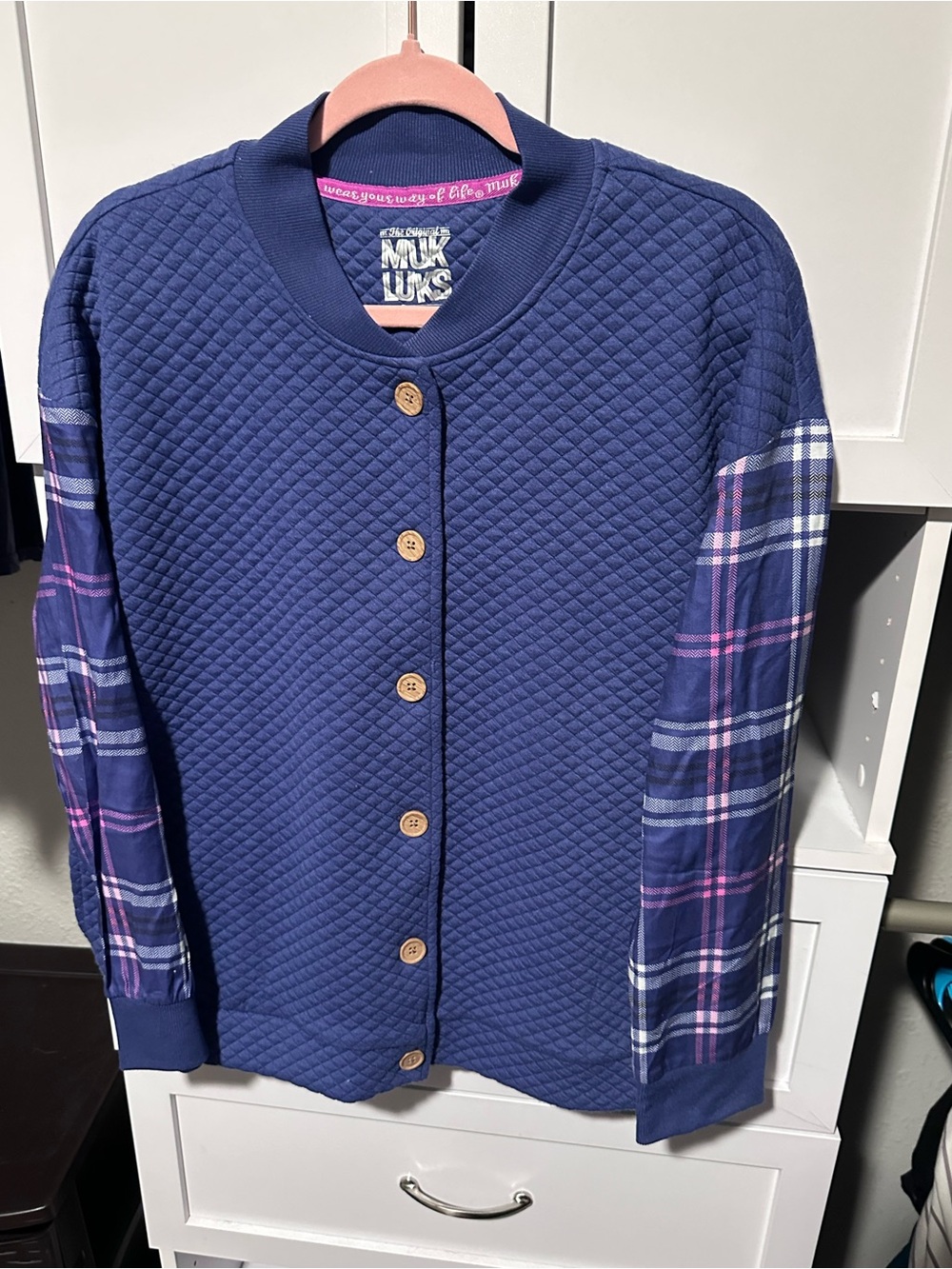 MUK LUKS Navy Quilted Plaid Sleeve Button Cardigan Jacket Size L